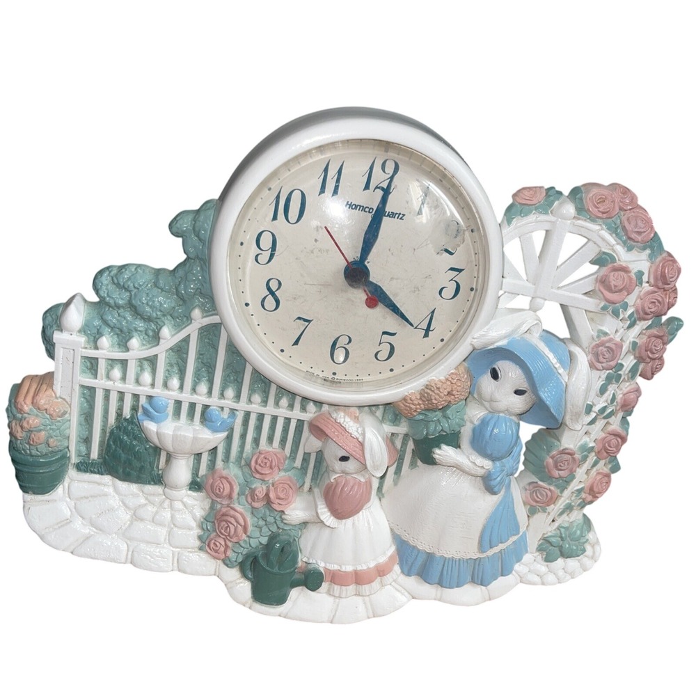 Homco Quartz Bunny Rabbit Garden Scene Mantel Clock Pink Roses Gate